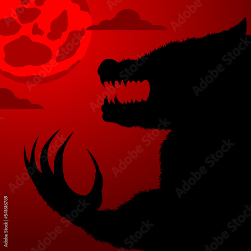Werewolf howling when it saw the full moon. Happy Halloween graphic design. Vector illustration