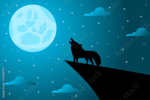 The wolf howling on the mountain when it saw the full moon. Happy Halloween graphic design. Vector illustration