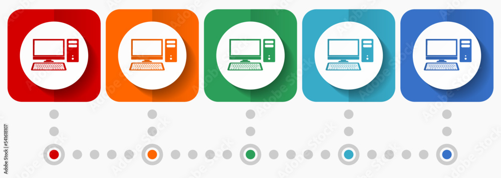 Computer, desktop vector icons, infographic template, set of flat design symbols in 5 color options