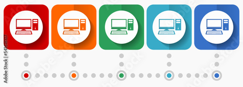Computer, desktop vector icons, infographic template, set of flat design symbols in 5 color options