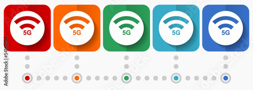 5G internet wireless communication, network vector icons, infographic template, set of flat design symbols in 5 color options