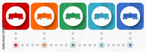 Fuel cistern wagon, train vector icons, infographic template, set of flat design symbols in 5 color options