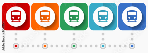 Railway, train, subway, transportation vector icons, infographic template, set of flat design symbols in 5 color options