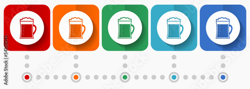 Beer in mug, lager, drink vector icons, infographic template, set of flat design symbols in 5 color options