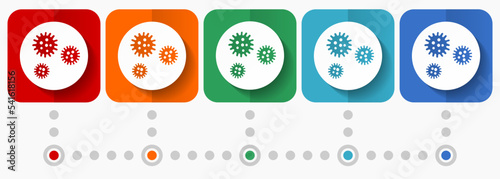 Virus, coronavirus, covid-19, infection vector icons, infographic template, set of flat design symbols in 5 color options