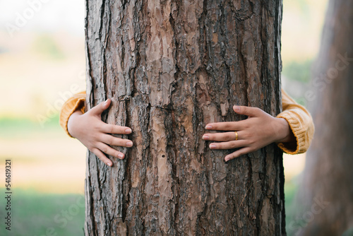 New generation young woman and the big tree in the forest. The environment is of connection sustainable development. renewable energy is environmentally friendly. Technology and new forward.