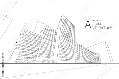 3D illustration abstract modern urban building out-line black and white drawing of imagination architecture building construction perspective design. 