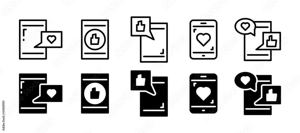 smartphone with like and heart emoji icon set. Social network and mobile device concept. vector illustration in line and solid style smartphone with like and heart emoji icon set. Social network and mobile device concept. vector illustration in line and solid style