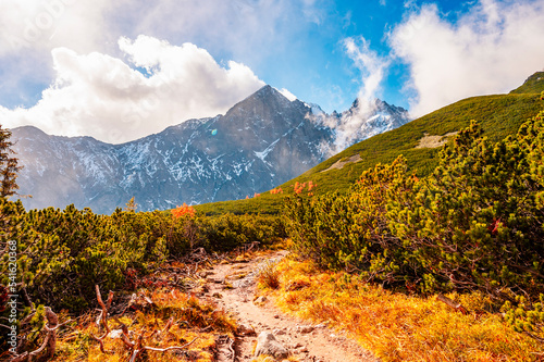 Hiking in national park High Tatras. HiIking to biele pleso near zelene pleso in the mountain Vysoke Tatry, Slovakia photo