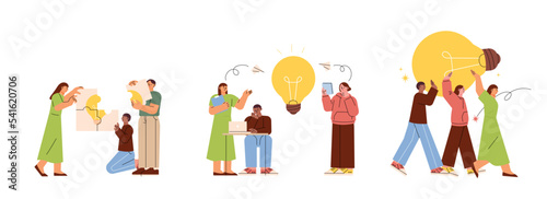 People are working together to put together a puzzle or gather ideas and move a giant light bulb cooperatively. flat vector illustration.