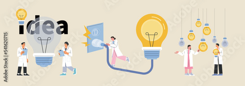 People are analyzing a large light bulb, plugging a cord into an outlet and lighting a hanging light bulb. flat vector illustration.