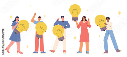People gather happily with large light bulbs in their hands. flat vector illustration.