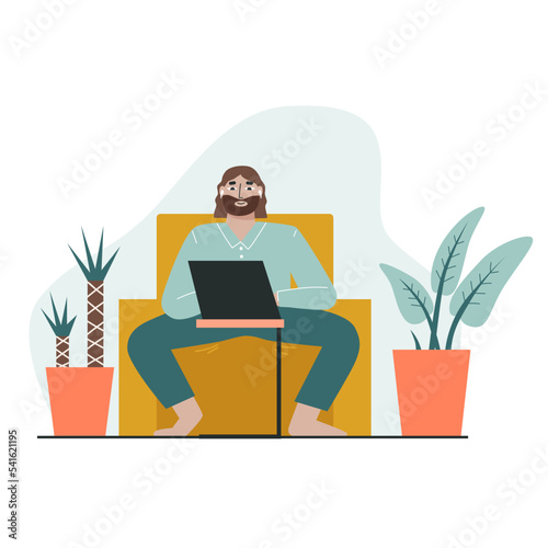 Freelance man working on a laptop at home, dressed in home clothes. The concept of freelancing and remote work. Flat vector illustration