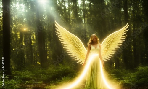 portrait of fantasy glowing female angel fairy with wings walking in forest photo