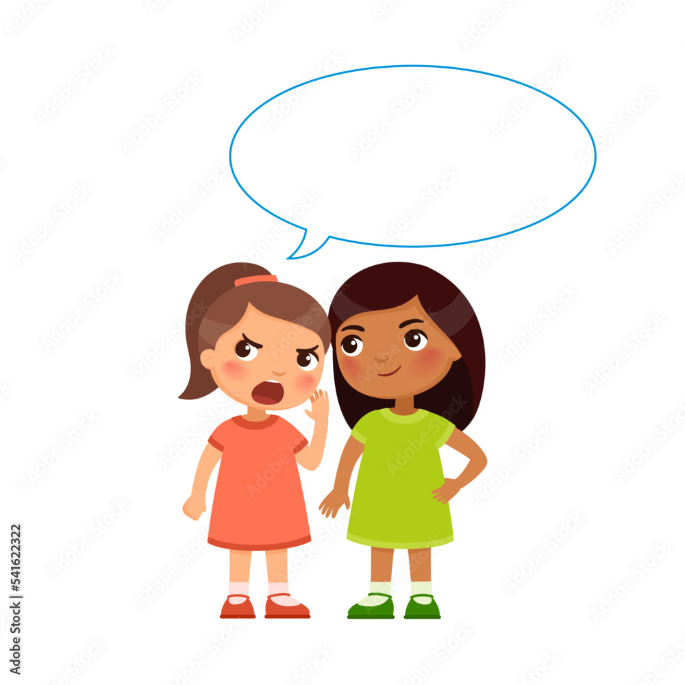 Two bullies little girls trash whispering. Dialogue of conspirators consept. Secret message cartoon illustration. Two bullies little girls trash whispering. Dialogue of conspirators consept. Secret message cartoon illustration.
