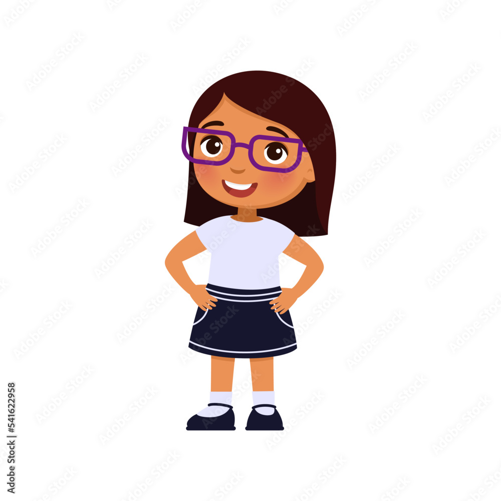 Cute little girl in glasses smiles happy. Dark skin schoolgirl in school uniform. Illustration of a self-confident pupil kid.