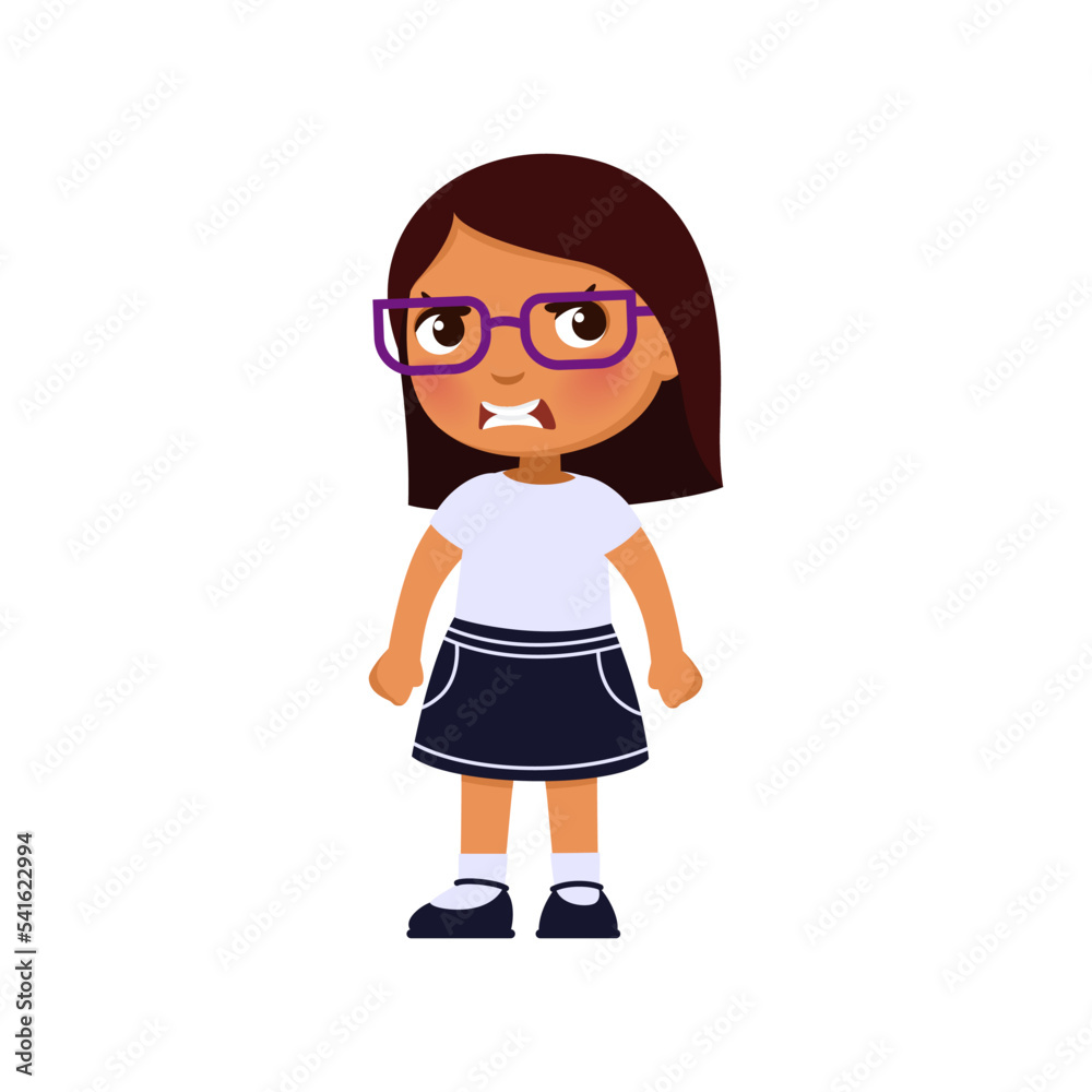 Cute little girl in glasses is angry and clenching her fists.. Dark skin schoolgirl in school uniform. Illustration of an aggressive  pupil kid.