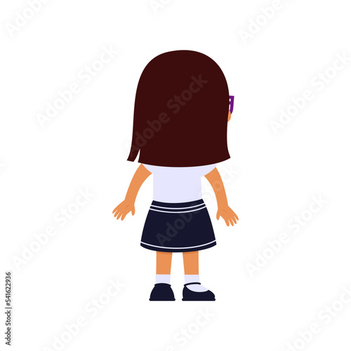 Little pupil girl stands with her back. Dark skin schoolgirl in school uniform. Illustration of a pupil  kid.