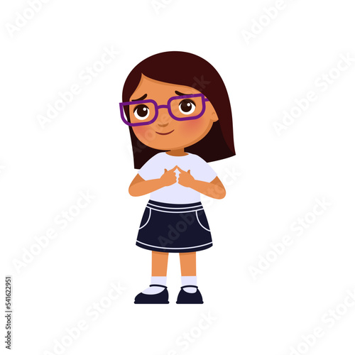 Cute little girl smiles shyly. Dark skin schoolgirl in school uniform. Illustration of a confused pupil kid.