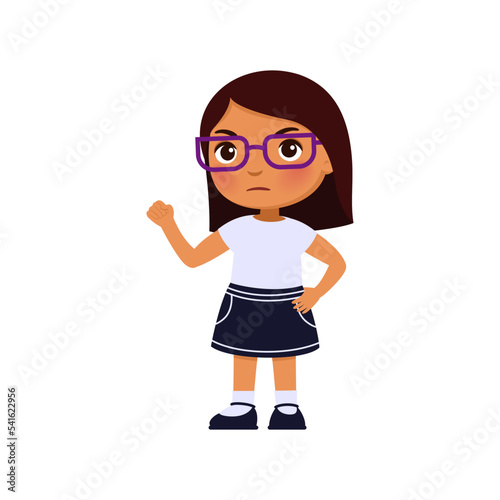 Cute little girl with a serious expression. Child raises her hand in a fist. Dark skin schoolgirl in school uniform. Illustration of a self-confident  pupil kid.