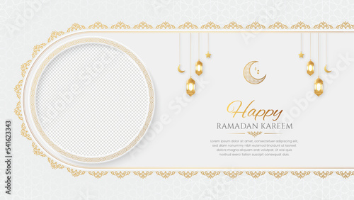 Ramadan Kareem Golden Luxury Islamic Background with Arabic Borders and Photo Frame