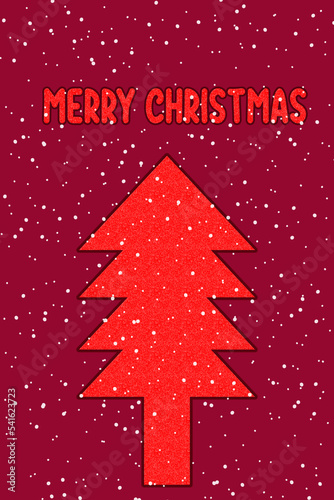 Christmas and New Years red background with Christmas Tree and text message Merry Christmas
