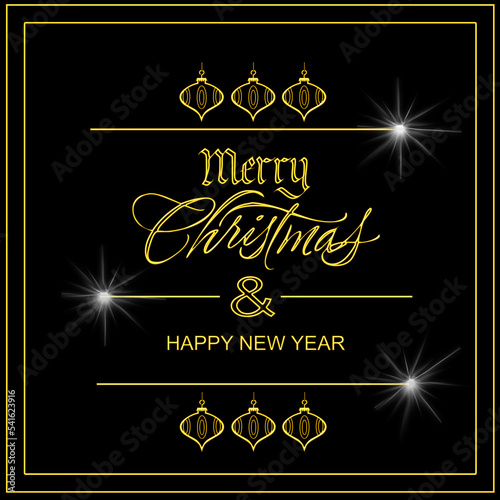 Golden text on black background. Merry Christmas and Happy New Year lettering for invitation and greeting card, prints and posters. Hand drawn inscription, calligraphic design