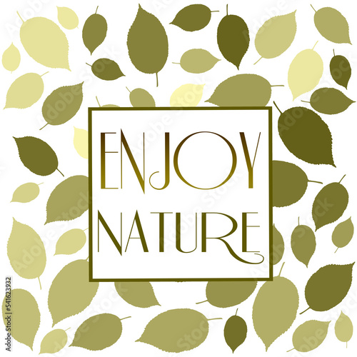 Green lettering in the frame with green leaves. illustrated background.