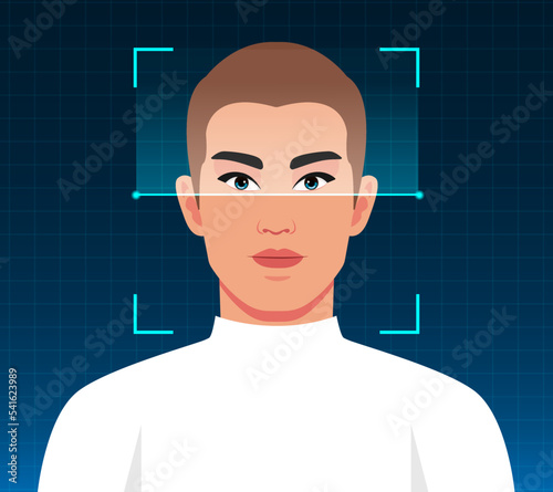 Biometric scanning of man, Face ID, personal verification, cyber protection, identity detection, man faces scanning, identify, Secure technology system for web, mobile, AI, facial recognition, avatar.