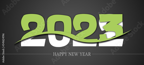 Happy New Year 2023 text design. Cover of business diary for 2023 with wishes. Brochure design template, card, banner illustration. Isolated on a black background