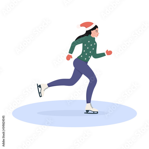 Slender young girl skating in winter on ice