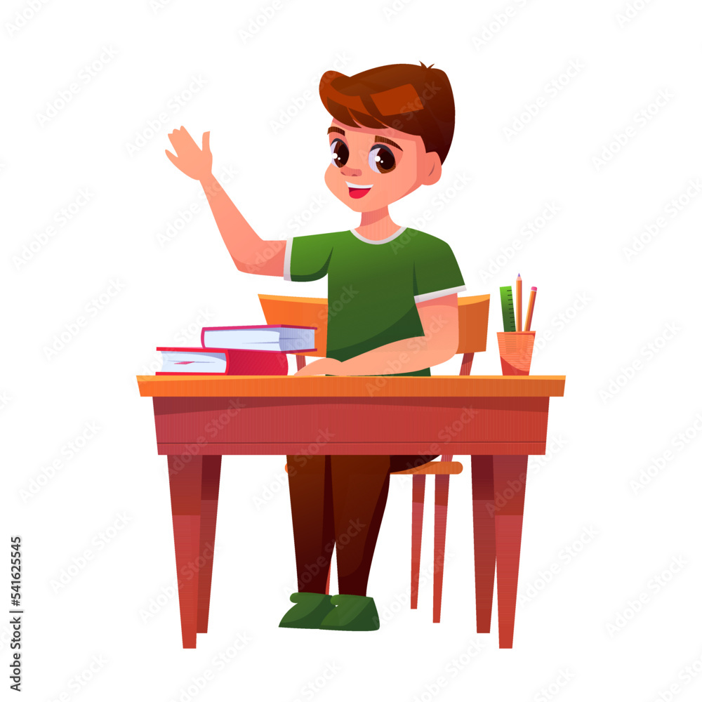 School children pupil. Schoolboy at the desk isolated on white background. Back to school. Primary Education Concept. Male cartoon character. Vector cute Illustration.