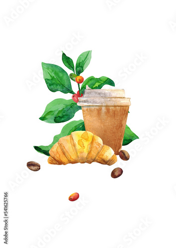 Watercolor illustration. Composition. Coffee with you, a croissant, a sprig of a coffee tree.