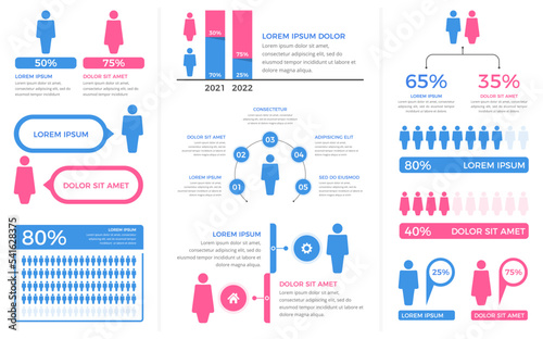 Demography infographic elements - diagrams, statistics, percents - set of templates with man and woman symbols