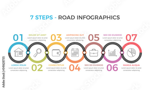 Road infographics template with seven elements with place for your icons and text