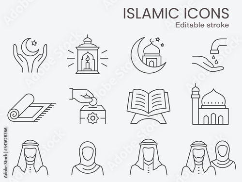 Islamic icons, such as mosque, quran, rug, ramadan and more. Editable stroke.