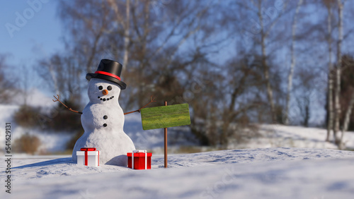 snowman smiling wooden sign and gift boxes, copy space. 3d rendering.