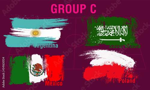 flag participants of group C in world soccer championship, brush strokes painted flags, Vector illustration football 