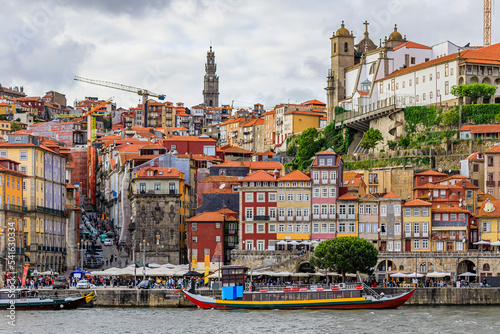 Traditional Portuguese houses in Ribeira, rabelo boats on Douro, Porto, Portugal