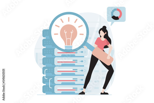 Data science concept with people scene in flat design. Woman looking at magnifier, generates ideas, working with charts using database at server. Vector illustration with character situation for web