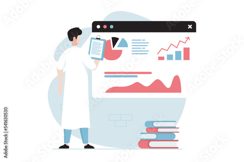 Data science concept with people scene in flat design. Man scientist making new research and working with diagram, charts and graphs at screen. Vector illustration with character situation for web