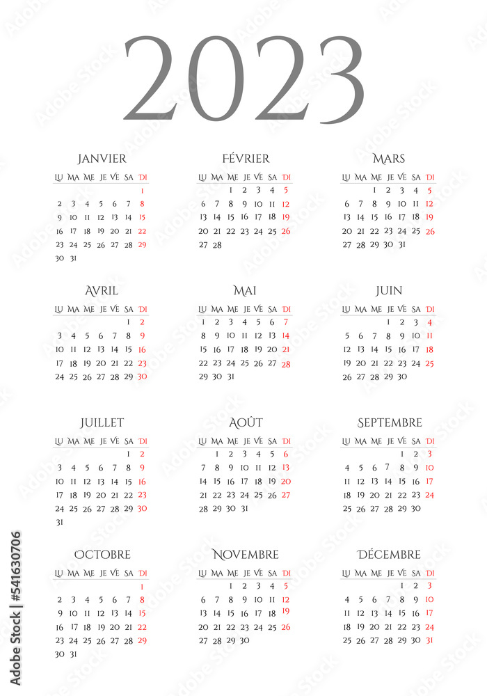 Calendar of 2023 in French. The days of the week are at the top, week start Monday. Vector illustration Calendar of 2023 in French. The days of the week are at the top, week start Monday. Vector illustration