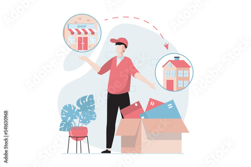 Delivery service concept with people scene in flat design. Man courier delivers goods ordered from online store and parcels to customer home. Vector illustration with character situation for web
