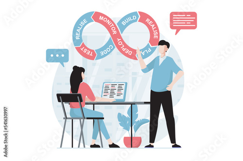 DevOps concept with people scene in flat design. Programmers team working at project, optimizing workflow, automate processes and monitoring. Vector illustration with character situation for web