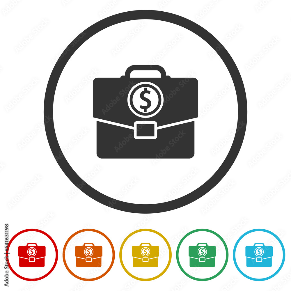 Obraz premium Briefcase and money icon. Set icons in color circle buttons
