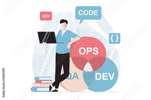 DevOps concept with people scene in flat design. Man programmer coding, creating software and working at laptop, optimizing workflow in company. Vector illustration with character situation for web