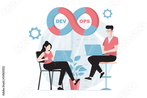 DevOps concept with people scene in flat design. Man and woman programmers coding and creating software, engineering and optimizing workflow. Vector illustration with character situation for web