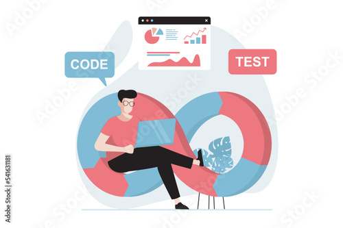 DevOps concept with people scene in flat design. Man programmer coding and creating software, engineering and optimizing workflow processes. Vector illustration with character situation for web