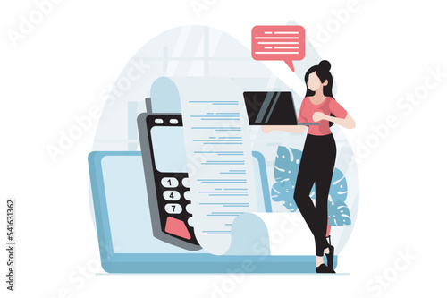 Electronic receipt concept with people scene in flat design. Woman receives digital invoice and paying using cash box and banking application. Vector illustration with character situation for web