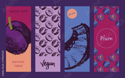 Vector fruit label templates for vegan fruit banner, prune label background. Drawings of plum pattern seamless. Baby food packaging, juice badge design. Organic jam, confectionery package, cosmetics.
